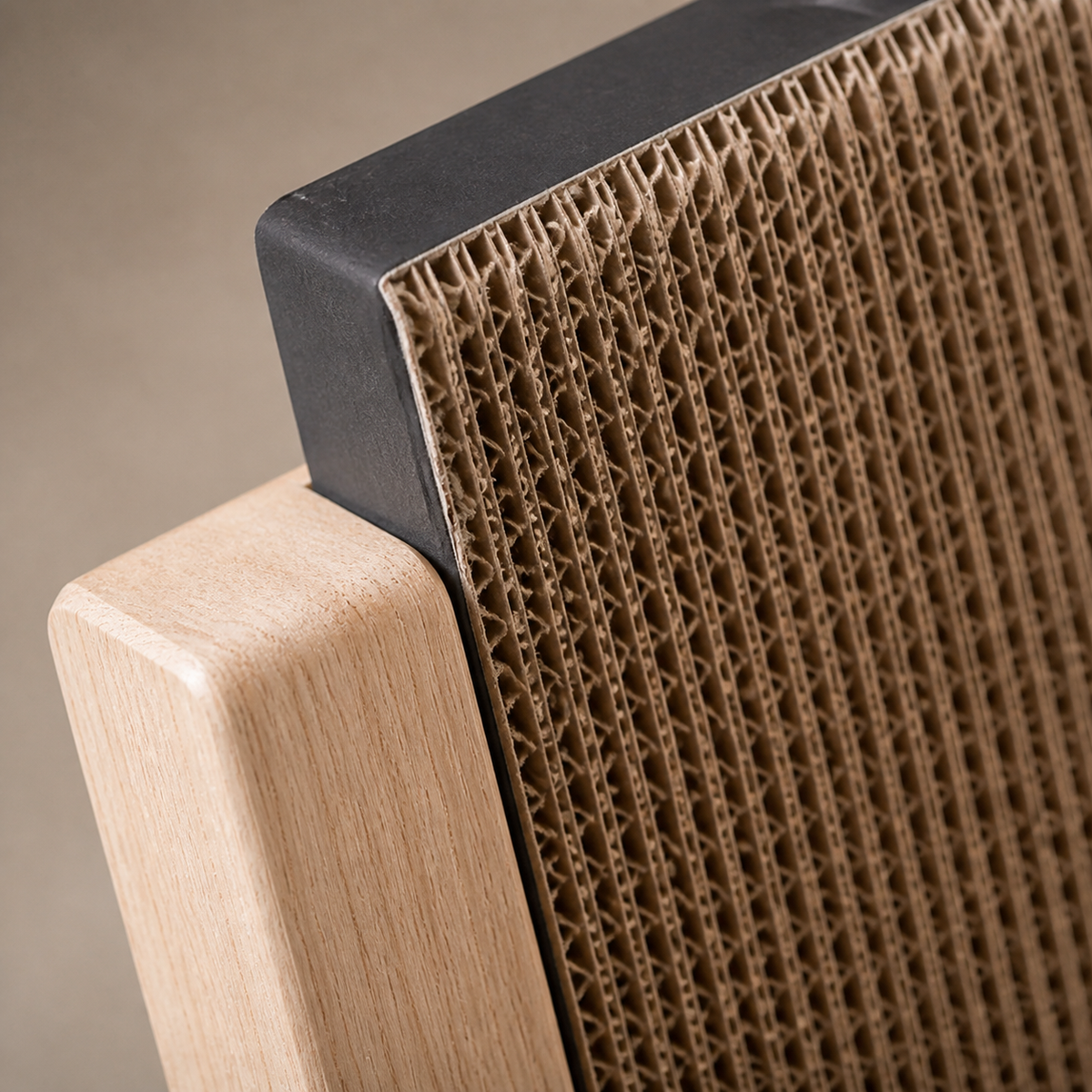 Macro view of the replaceable corrugated insert edge seated in the Basic Incline Cat Scratcher frame