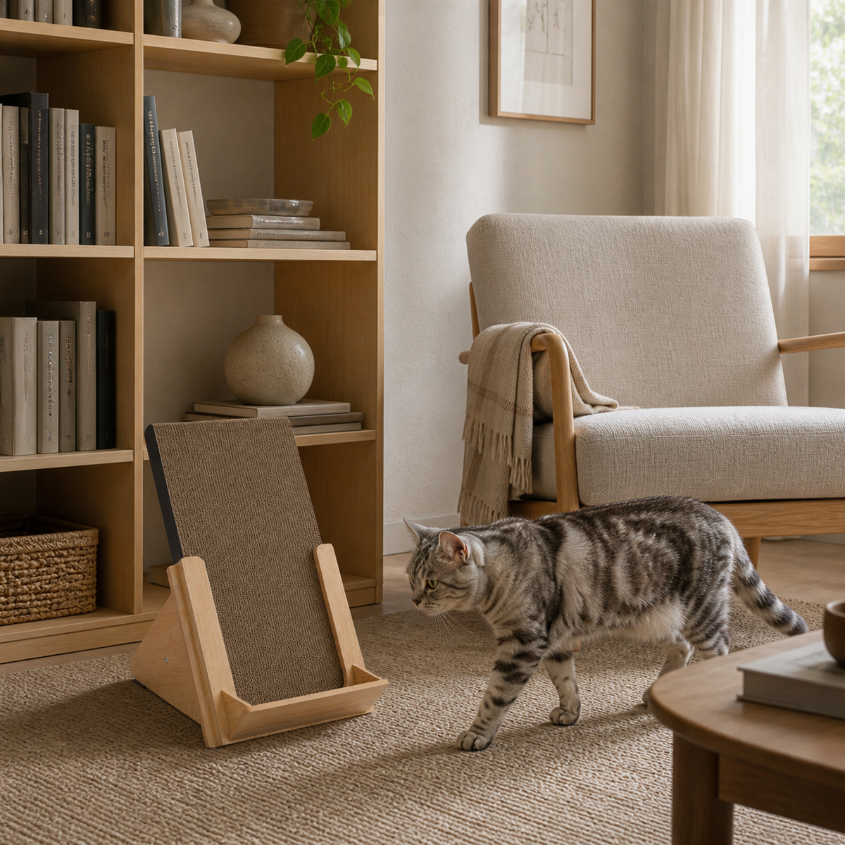 Silver tabby walking past the Basic Incline Cat Scratcher in a quiet reading corner