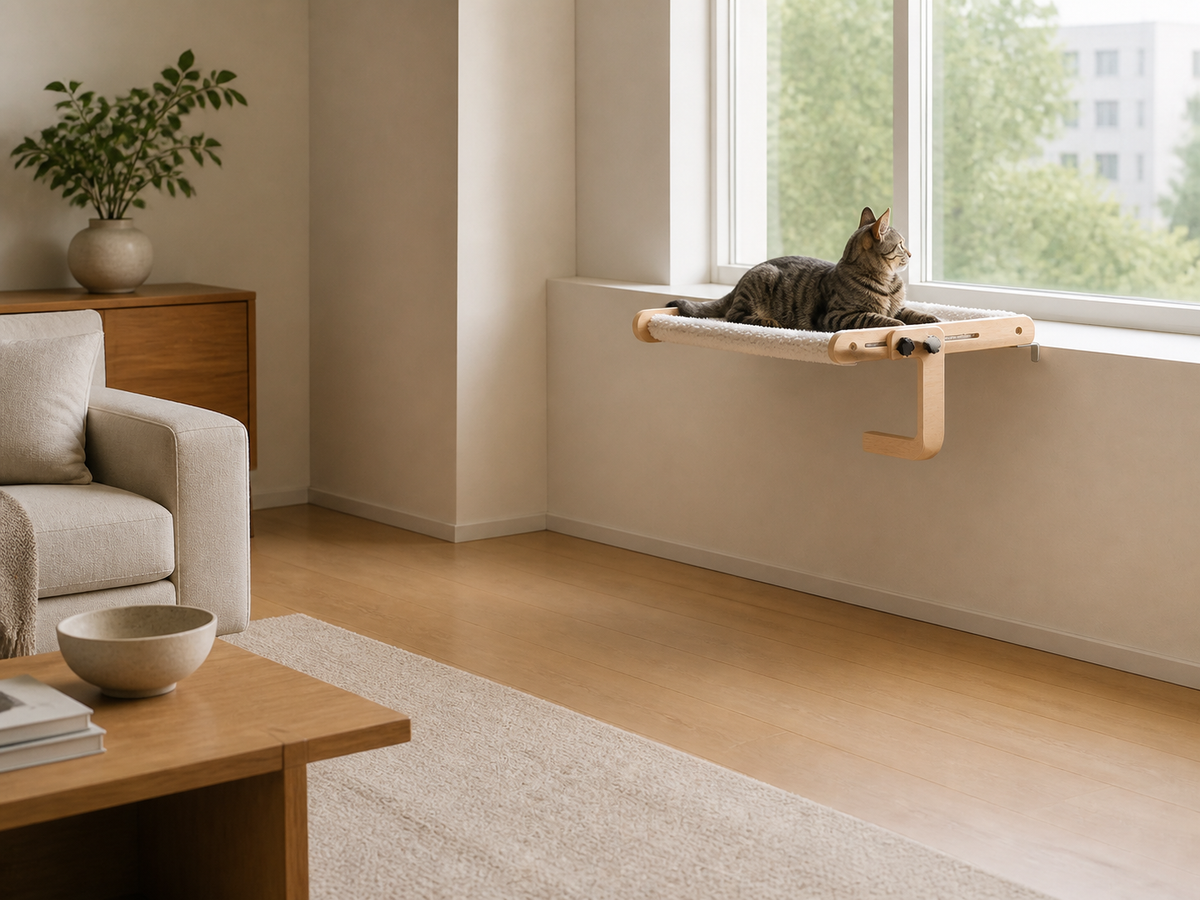 Elevated window perch keeping the living room floor open below