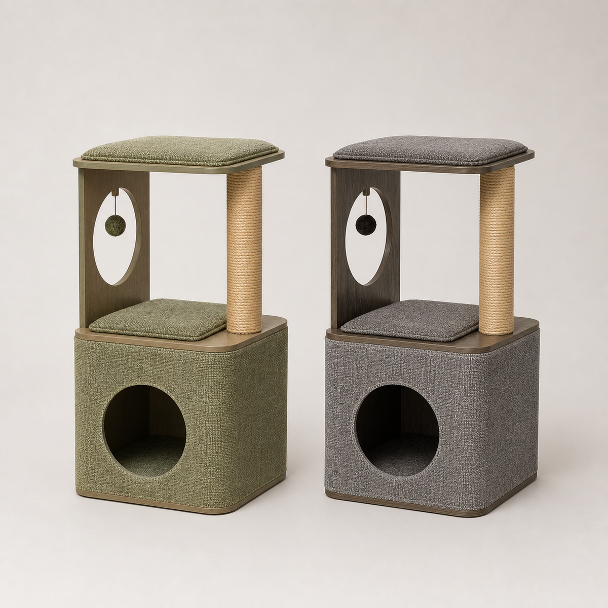 Vintage Green and Oak Grey Cubox M3 Cat Condo finishes side by side