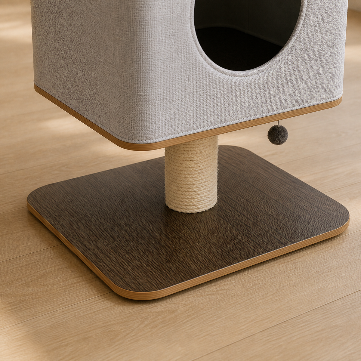 Broad rounded-square wood base supporting the elevated cabin
