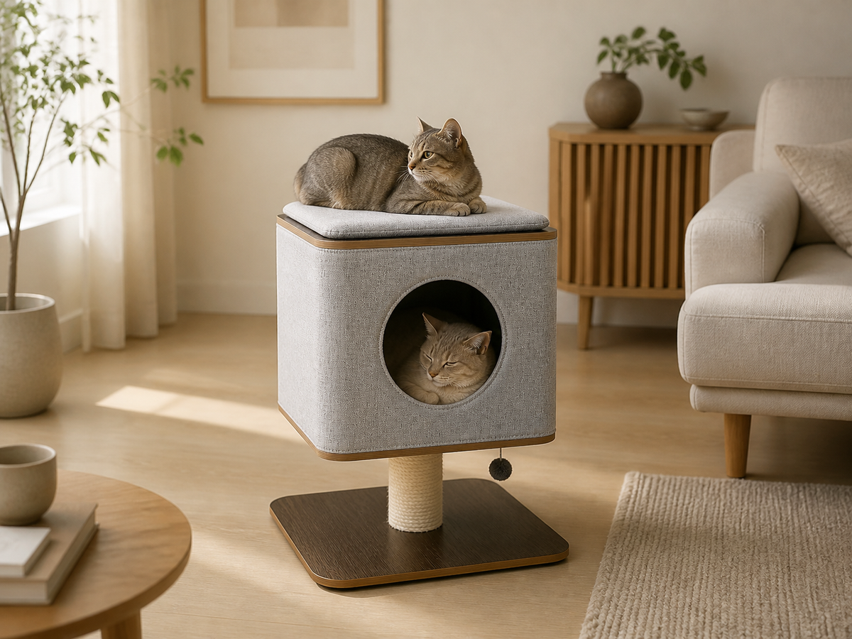 Two cats using the enclosed cabin and open top cushion at the same time