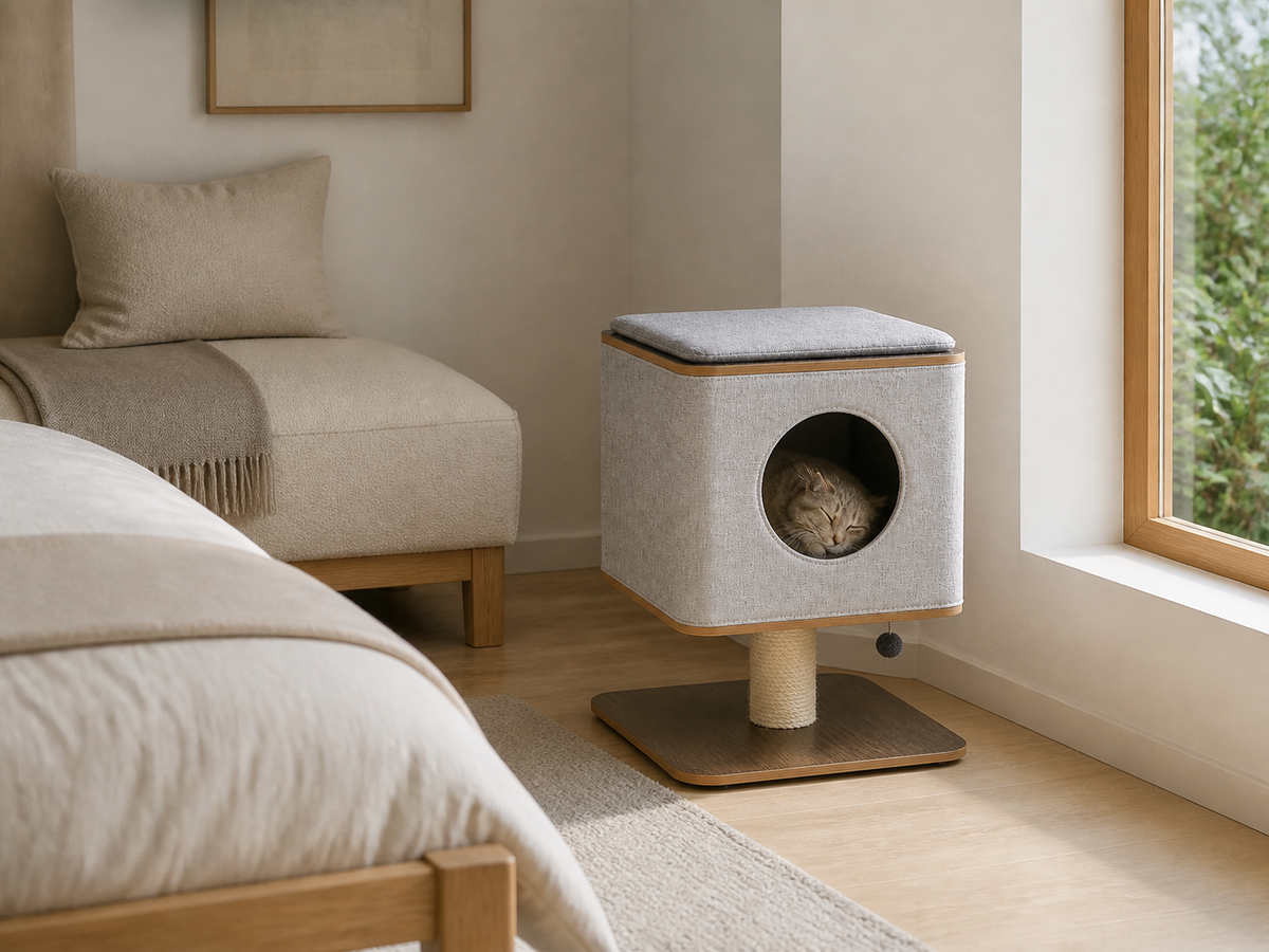 Elevated Cat Cabin beside a sunlit bedroom window with a cat asleep inside