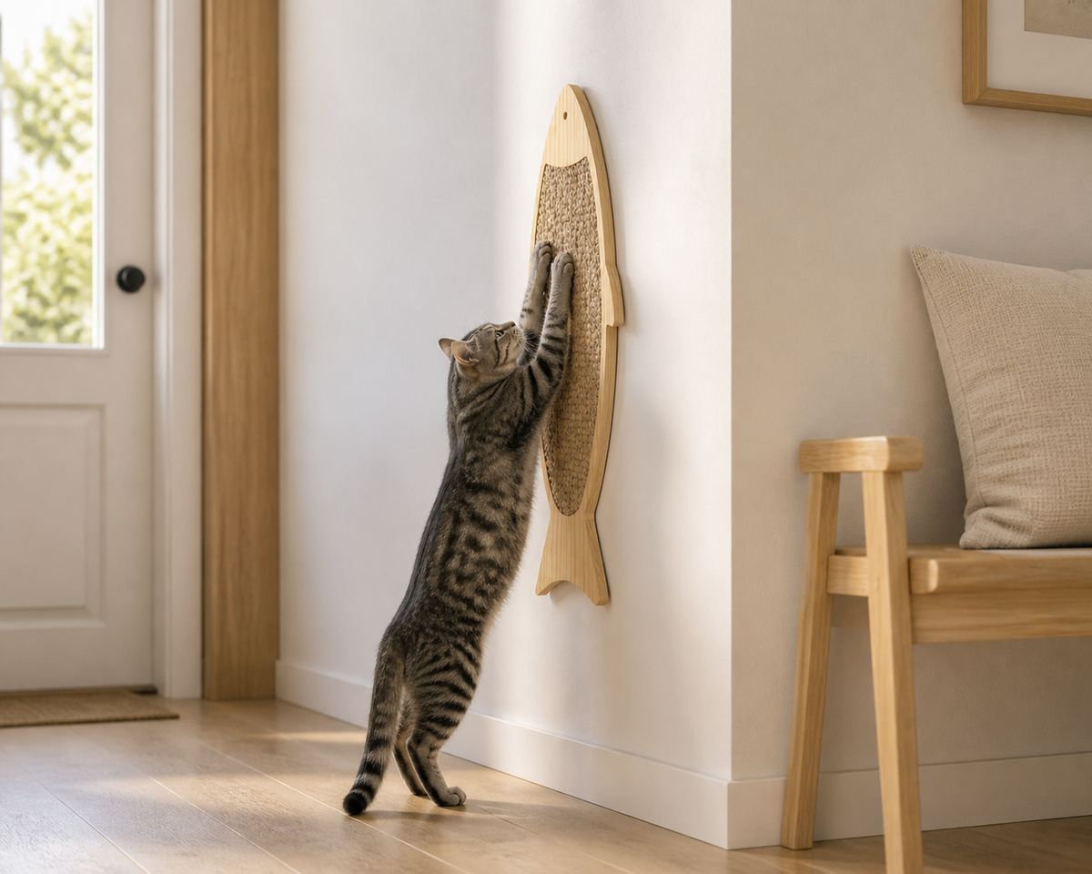 Fish Wall Scratcher shown at scale beside an adult cat