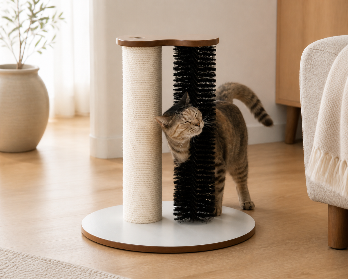 Grooming Scratch Station shown at scale beside an adult cat
