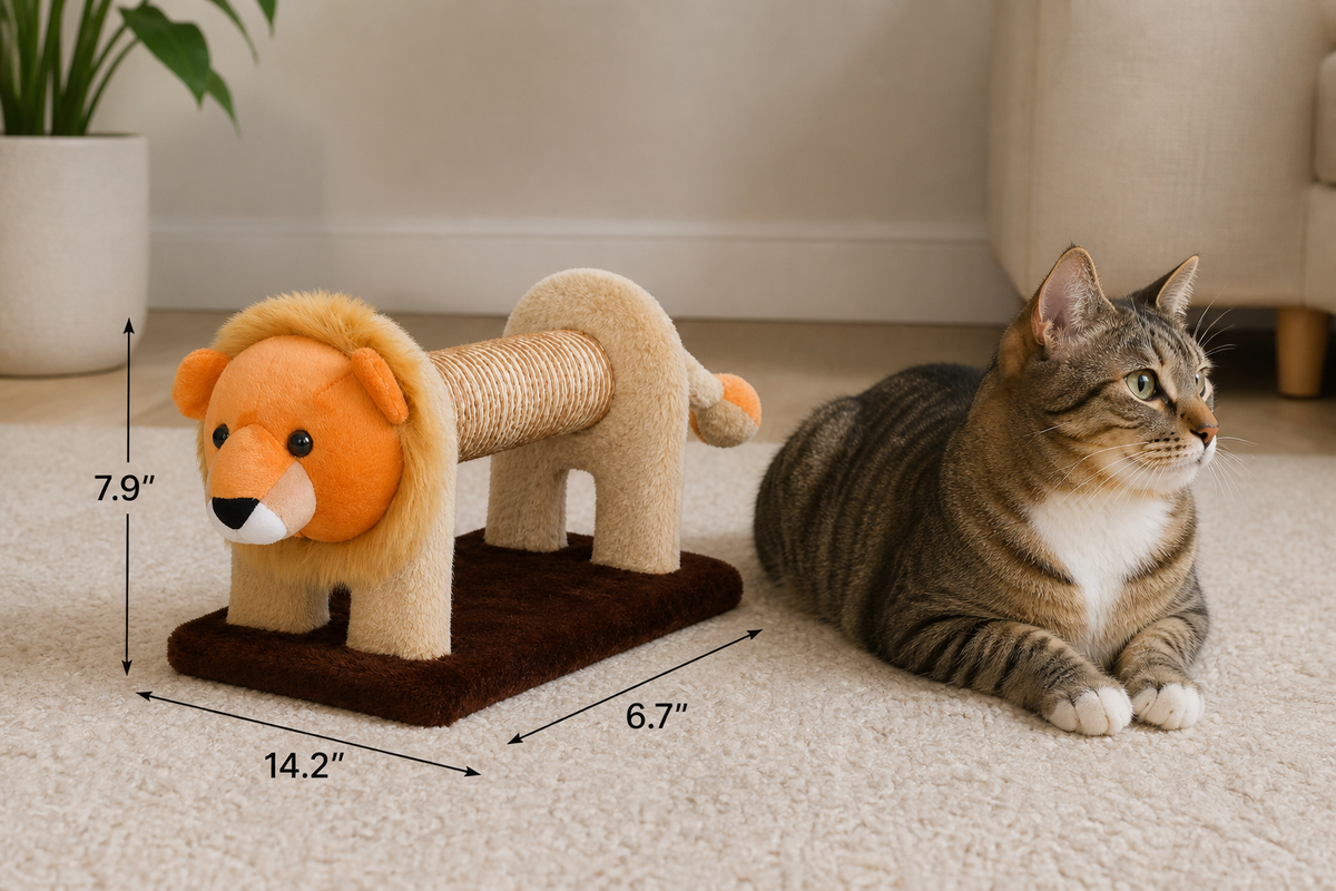 Plush Animal Cat Scratcher — natural use and scale
