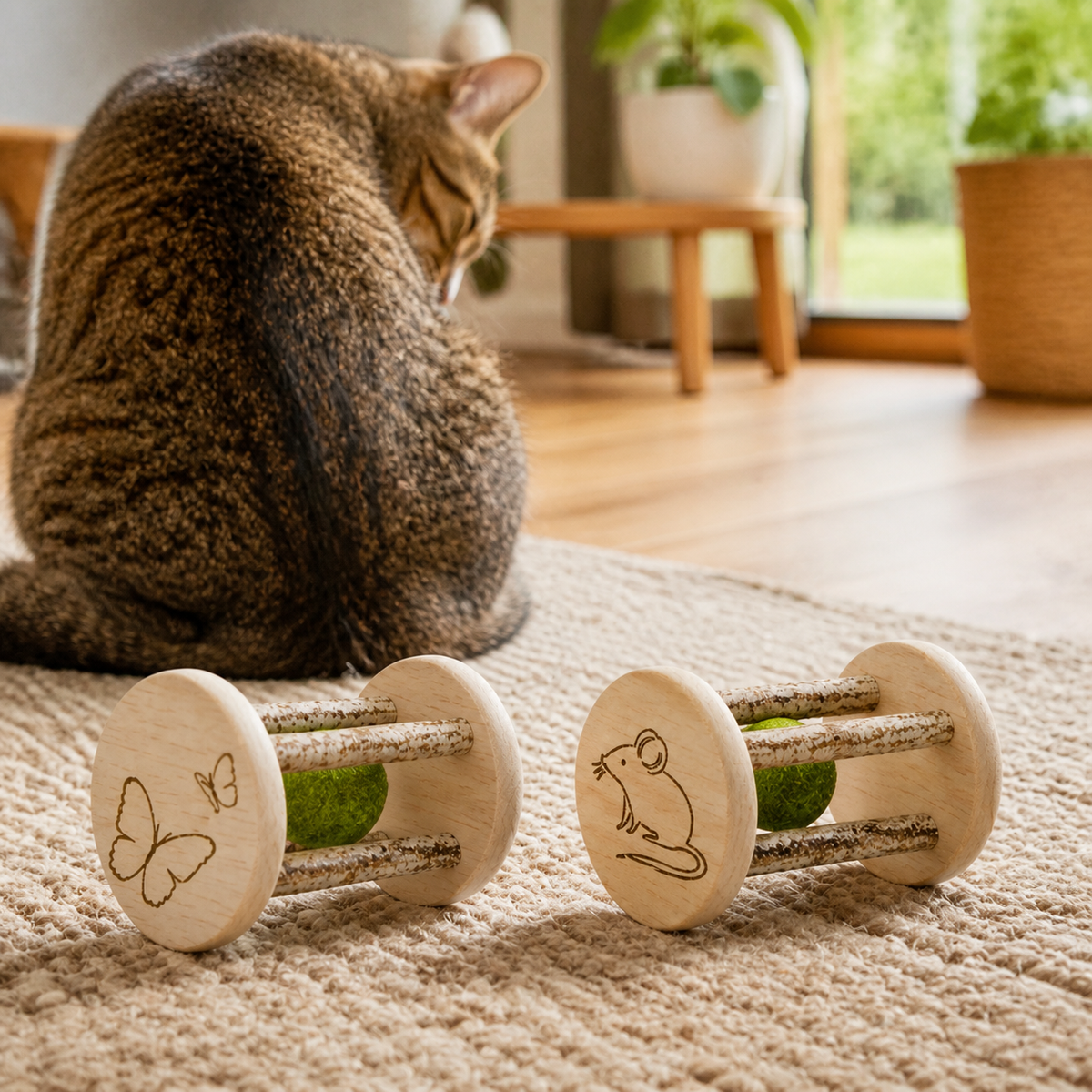 Wooden Catnip Roller — Butterfly and Mouse engravings