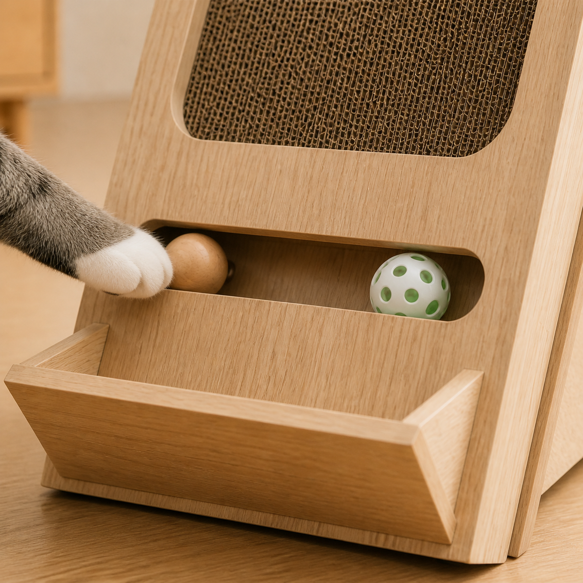 Wooden Incline Cat Scratcher — Front ball channel