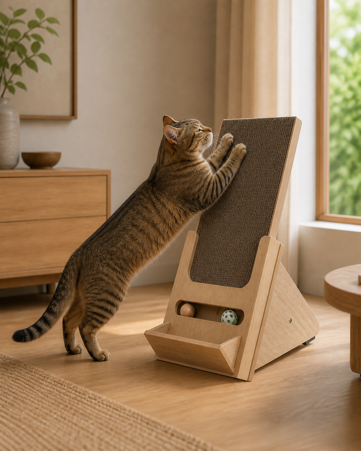 Wooden Incline Cat Scratcher — natural use and scale
