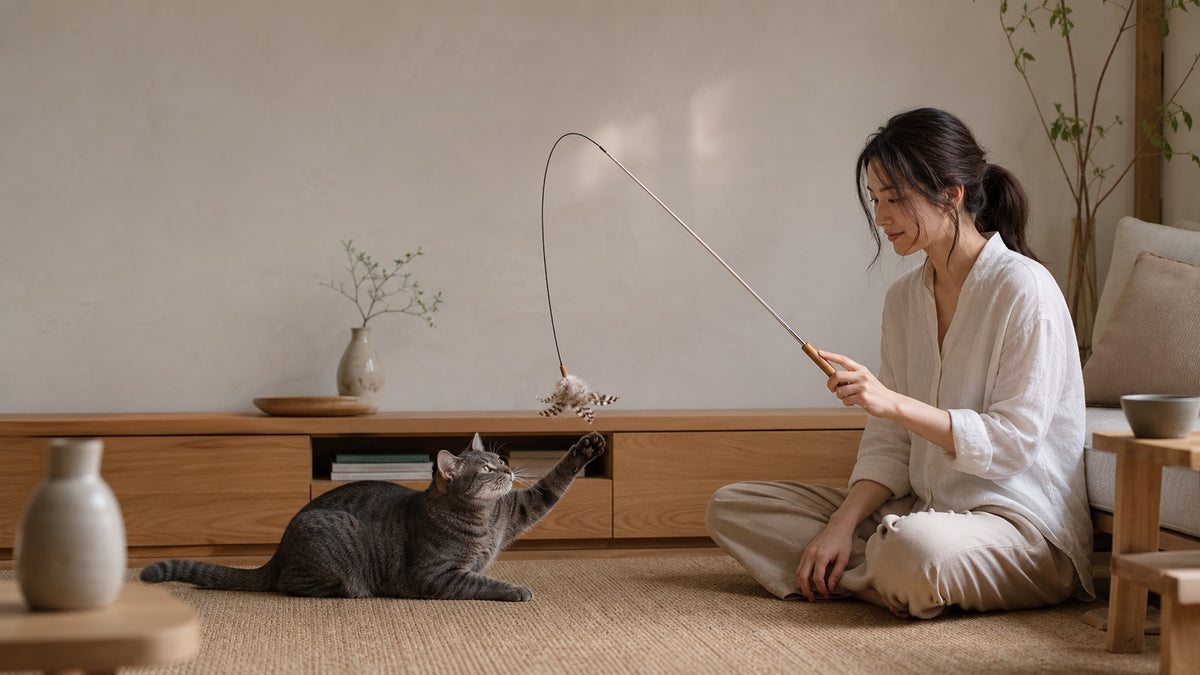 A person and cat share a quiet play moment with Lulu's World retractable feather wand.