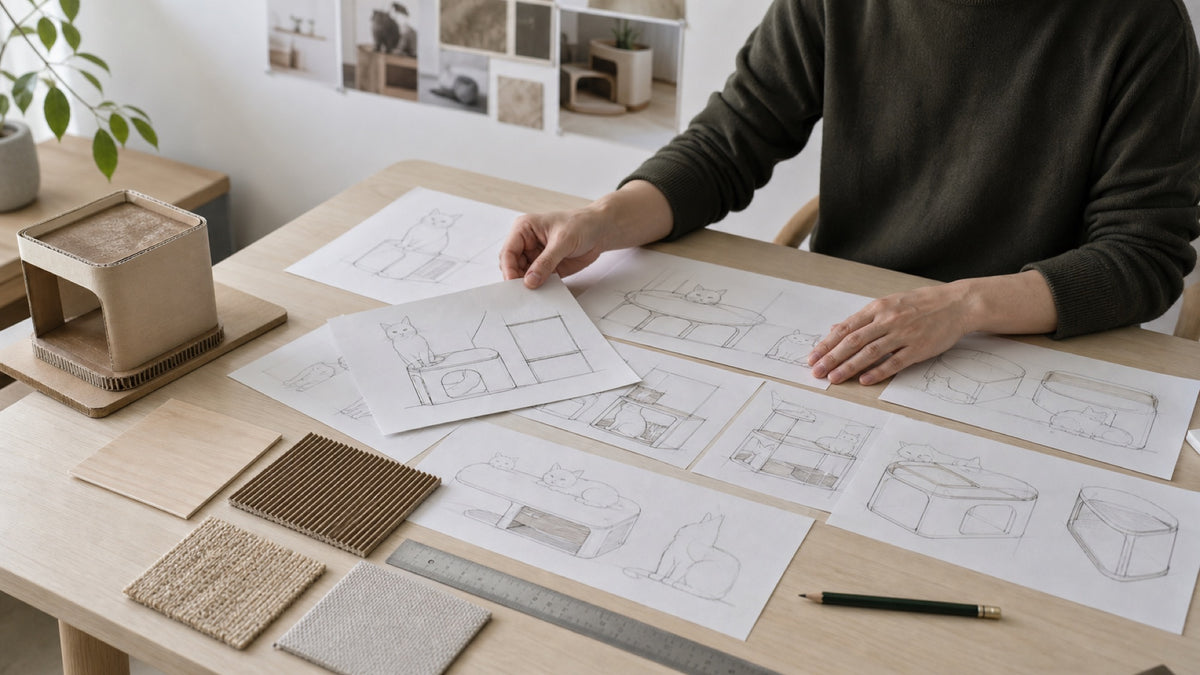 Material samples and cat-furniture sketches spread across a pale wood table.