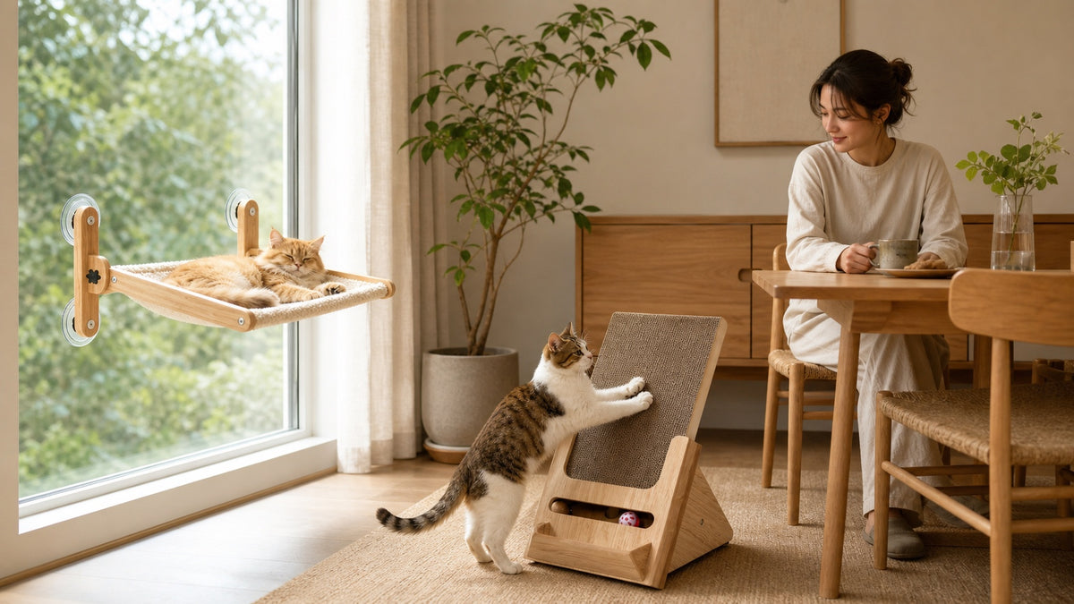 Two cats share a quiet room with Lulu's World window perch and inclined scratcher.