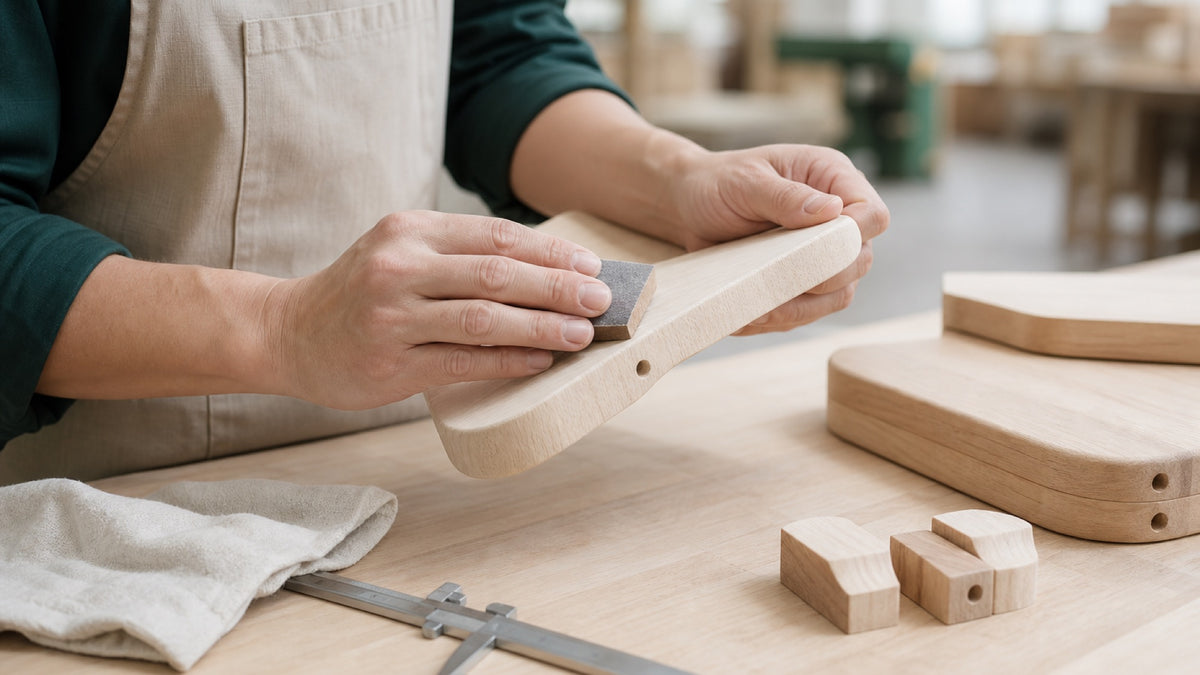 Hands sanding pale wood components on a workshop table.