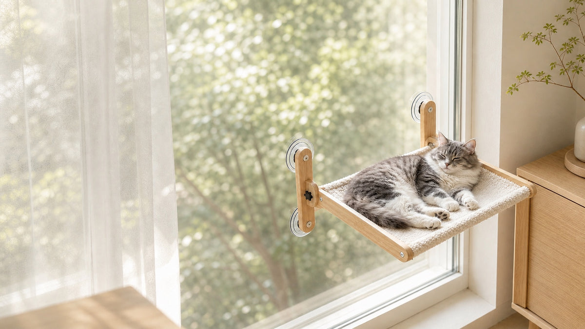 A cat rests on Lulu's World wood-framed window hammock.