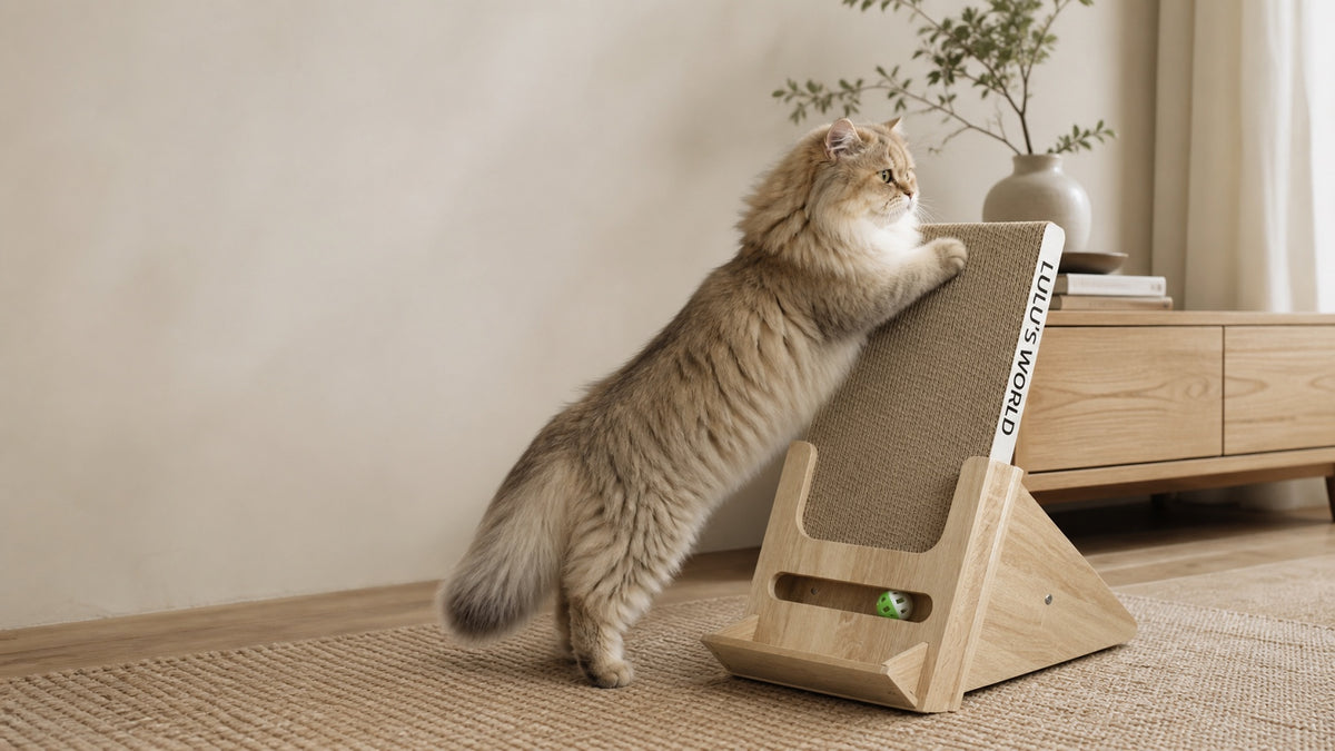 A cat stretches on Lulu's World inclined cardboard scratcher with a wood stand and play channel.
