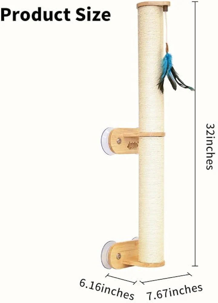 Lulu's World Cat Wall Scratcher,32" Tall No-Drill Wall Mounted Kitten Scratching Post, Cat Wall Furniture with 4 Suction Cups, Sturdy Sisal Climbing Tree Cat, Wall Shelves for Indoor （Natural Style）