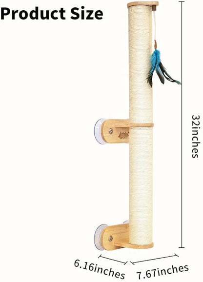 Lulu's World Cat Wall Scratcher,32" Tall No-Drill Wall Mounted Kitten Scratching Post, Cat Wall Furniture with 4 Suction Cups, Sturdy Sisal Climbing Tree Cat, Wall Shelves for Indoor （Natural Style）
