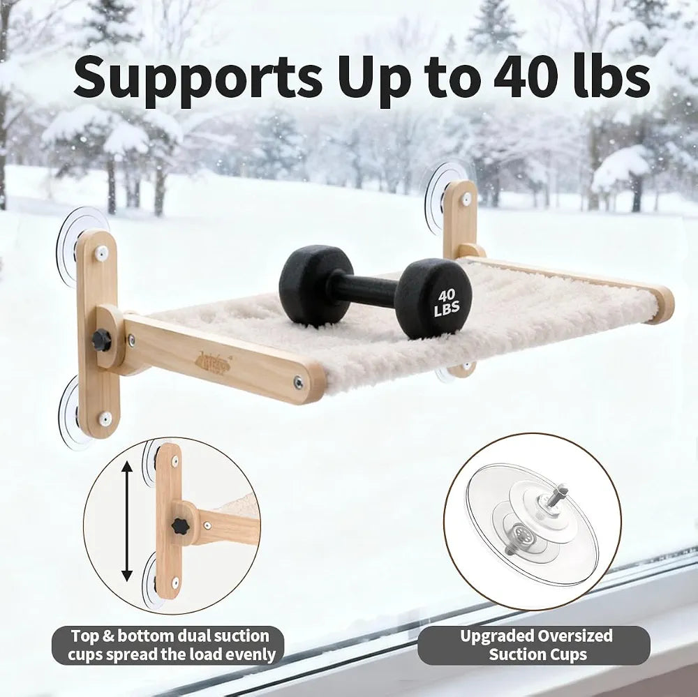LuLu's World Large Cat Window Perch with Wooden Frame,Foldable Solid Cat Hammock,Soft Berber Fleece Cover,Strong Suction Cups, No Drilling, Space Saving & Washable,Big Size 23.7×14.4in