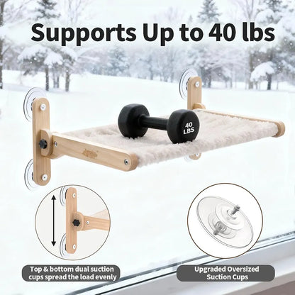 LuLu's World Large Cat Window Perch with Wooden Frame,Foldable Solid Cat Hammock,Soft Berber Fleece Cover,Strong Suction Cups, No Drilling, Space Saving & Washable,Big Size 23.7×14.4in