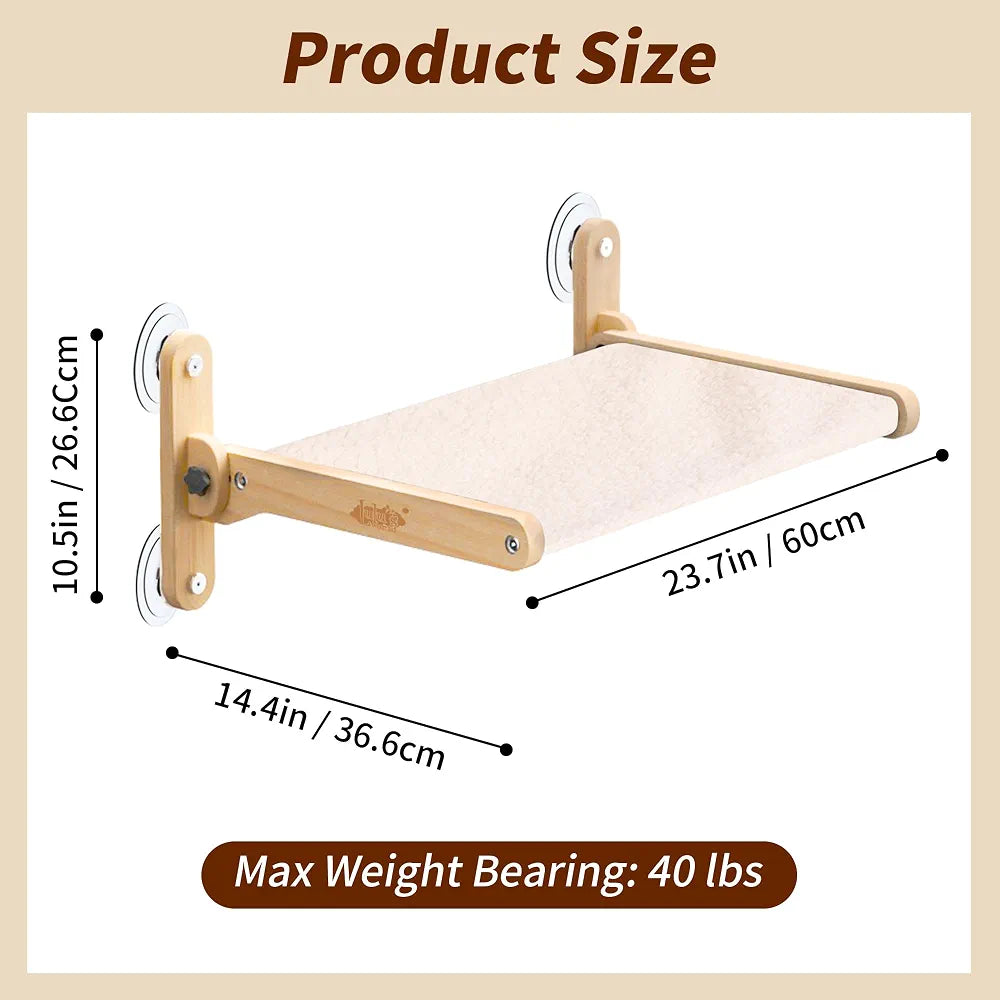 LuLu's World Large Cat Window Perch with Wooden Frame,Foldable Solid Cat Hammock,Soft Berber Fleece Cover,Strong Suction Cups, No Drilling, Space Saving & Washable,Big Size 23.7×14.4in