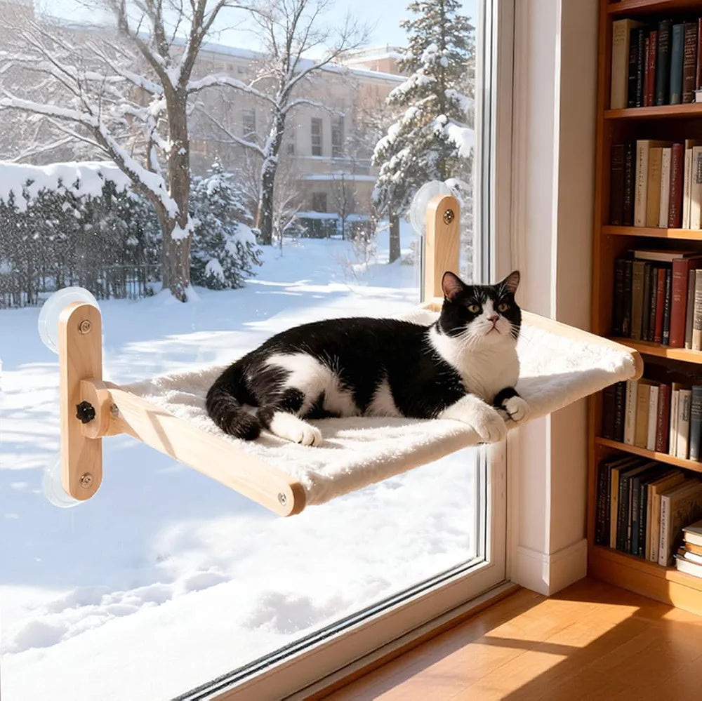 LuLu's World Large Cat Window Perch with Wooden Frame,Foldable Solid Cat Hammock,Soft Berber Fleece Cover,Strong Suction Cups, No Drilling, Space Saving & Washable,Big Size 23.7×14.4in