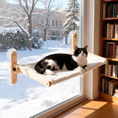 LuLu's World Large Cat Window Perch with Wooden Frame,Foldable Solid Cat Hammock,Soft Berber Fleece Cover,Strong Suction Cups, No Drilling, Space Saving & Washable,Big Size 23.7×14.4in