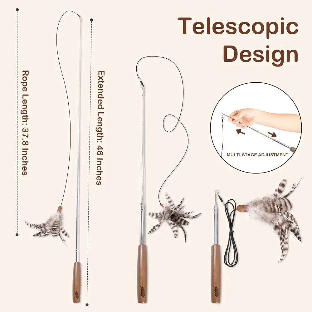 Lulu's world Retractable Cat Wand Toy - 46" Telescopic Feather Teaser for Indoor Cats & Kittens - Smooth Extension , Interactive Pet Exercise Toy for Chasing & Pouncing