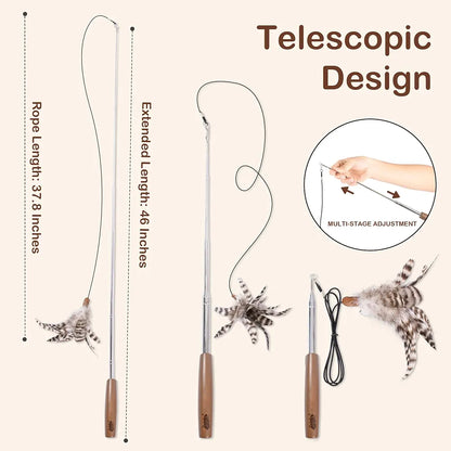 Lulu's world Retractable Cat Wand Toy - 46" Telescopic Feather Teaser for Indoor Cats & Kittens - Smooth Extension , Interactive Pet Exercise Toy for Chasing & Pouncing