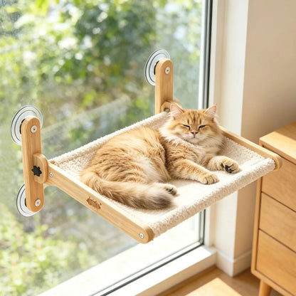 LuLu's World Large Cat Window Perch with Wooden Frame,Foldable Solid Cat Hammock,Soft Berber Fleece Cover,Strong Suction Cups, No Drilling, Space Saving & Washable,Big Size 23.7×14.4in