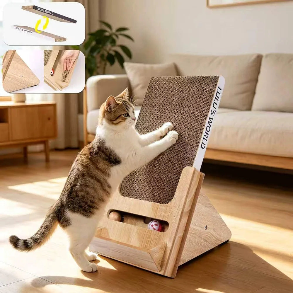 Lulu's World Cardboard Cat Scratcher with Wooden Stand, Freestanding Vertical Cat Scratching Board with Replaceable Double-Sided Scratch Pad, Ball Toy and Debris Tray for Indoor Cats,Long-termism