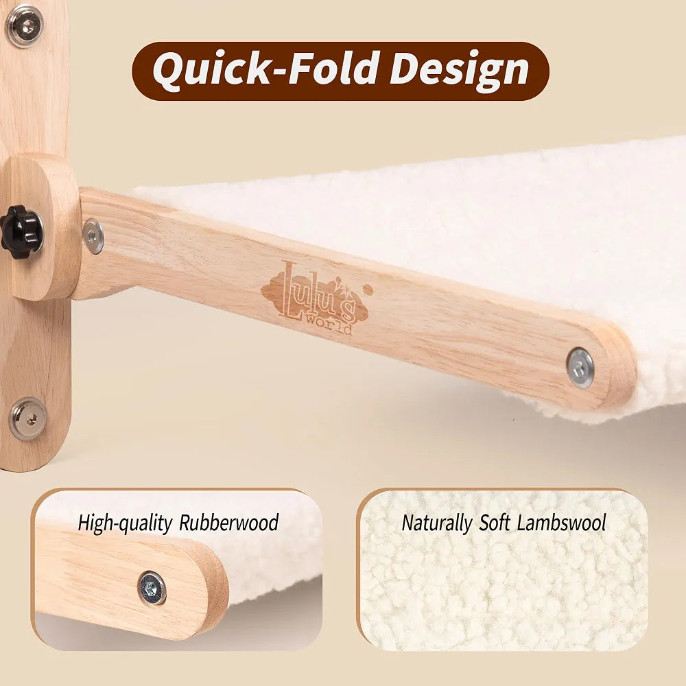 LuLu's World Large Cat Window Perch with Wooden Frame,Foldable Solid Cat Hammock,Soft Berber Fleece Cover,Strong Suction Cups, No Drilling, Space Saving & Washable,Big Size 23.7×14.4in