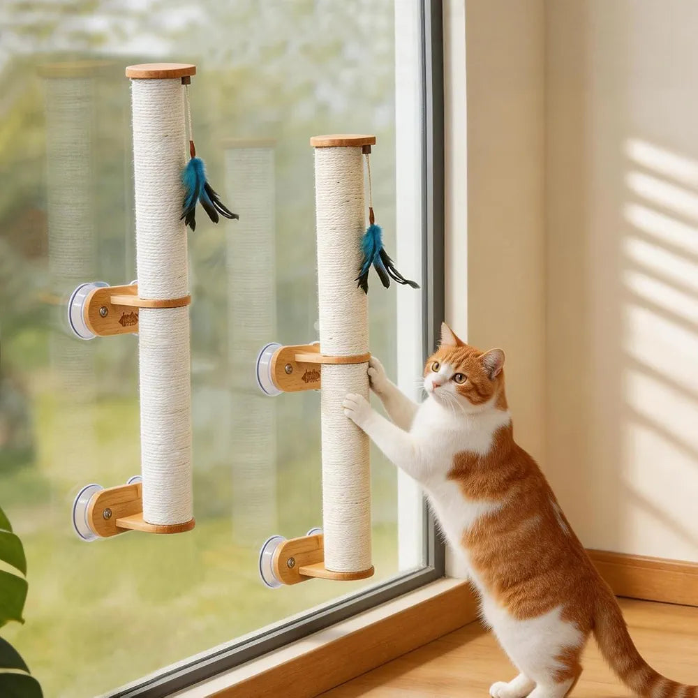Lulu's World Cat Wall Scratcher,32" Tall No-Drill Wall Mounted Kitten Scratching Post, Cat Wall Furniture with 4 Suction Cups, Sturdy Sisal Climbing Tree Cat, Wall Shelves for Indoor （Natural Style）