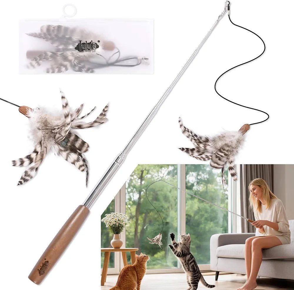 Lulu's world Retractable Cat Wand Toy - 46" Telescopic Feather Teaser for Indoor Cats & Kittens - Smooth Extension , Interactive Pet Exercise Toy for Chasing & Pouncing