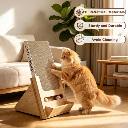 Lulu's World Cardboard Cat Scratcher with Wooden Stand, Freestanding Vertical Cat Scratching Board with Replaceable Double-Sided Scratch Pad, Ball Toy and Debris Tray for Indoor Cats,Long-termism