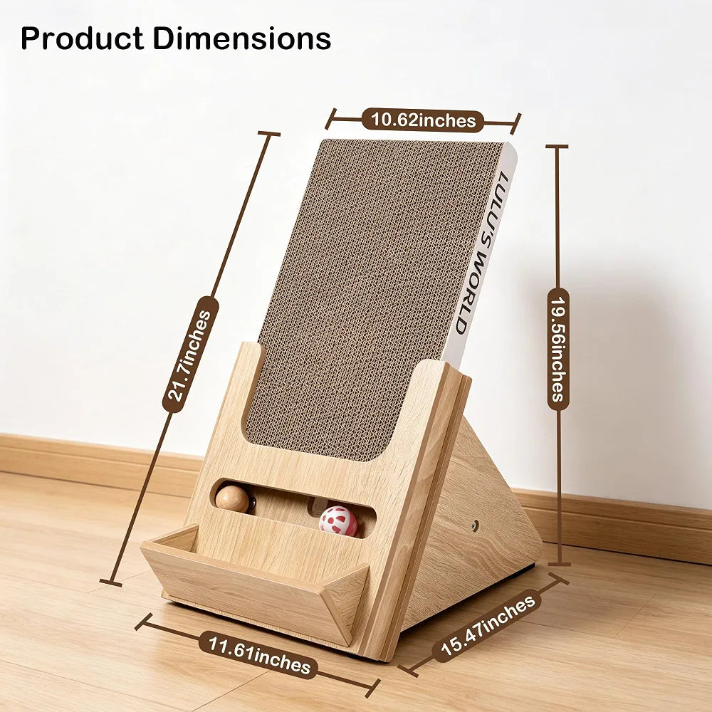 Lulu's World Cardboard Cat Scratcher with Wooden Stand, Freestanding Vertical Cat Scratching Board with Replaceable Double-Sided Scratch Pad, Ball Toy and Debris Tray for Indoor Cats,Long-termism