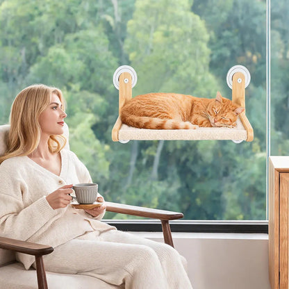 LuLu's World Large Cat Window Perch with Wooden Frame,Foldable Solid Cat Hammock,Soft Berber Fleece Cover,Strong Suction Cups, No Drilling, Space Saving & Washable,Big Size 23.7×14.4in