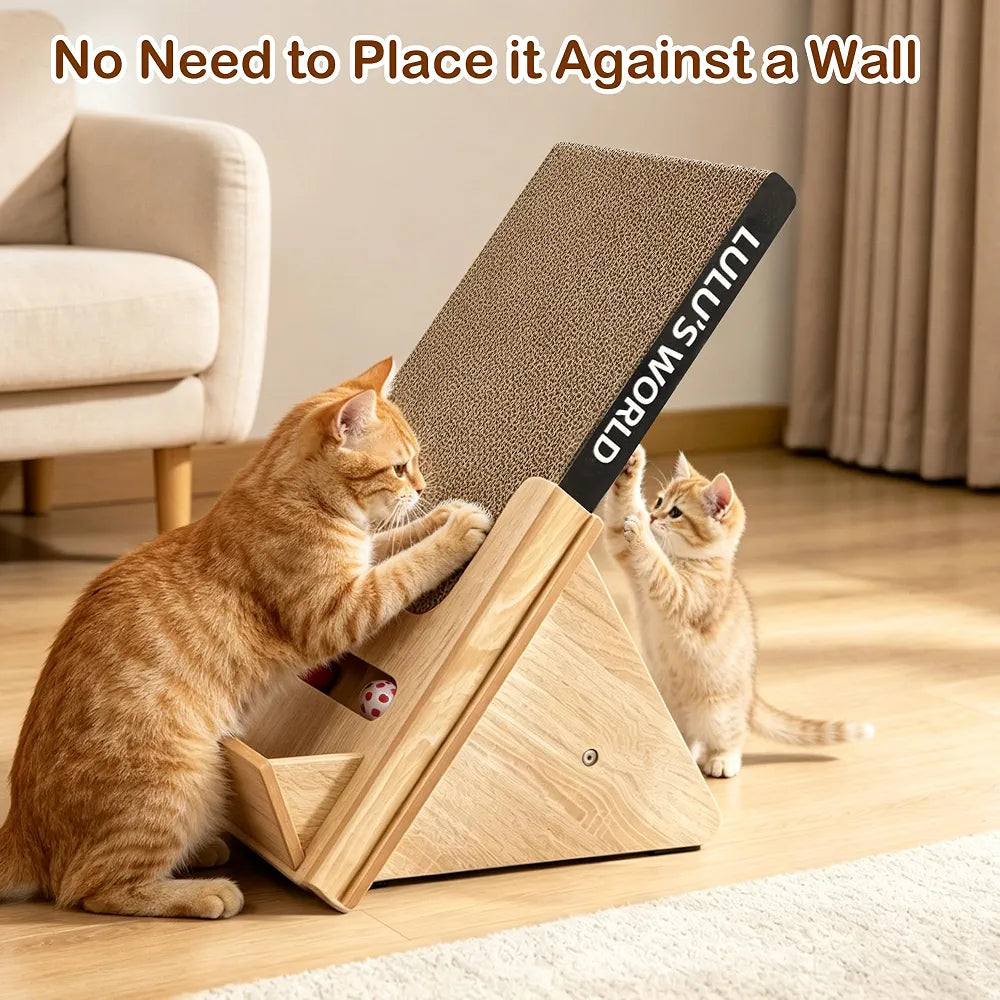 Lulu's World Cardboard Cat Scratcher with Wooden Stand, Freestanding Vertical Cat Scratching Board with Replaceable Double-Sided Scratch Pad, Ball Toy and Debris Tray for Indoor Cats,Long-termism