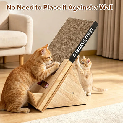 Lulu's World Cardboard Cat Scratcher with Wooden Stand, Freestanding Vertical Cat Scratching Board with Replaceable Double-Sided Scratch Pad, Ball Toy and Debris Tray for Indoor Cats,Long-termism
