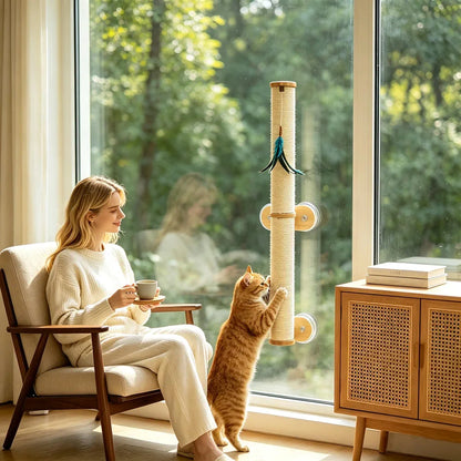 Lulu's World Cat Wall Scratcher,32" Tall No-Drill Wall Mounted Kitten Scratching Post, Cat Wall Furniture with 4 Suction Cups, Sturdy Sisal Climbing Tree Cat, Wall Shelves for Indoor （Natural Style）