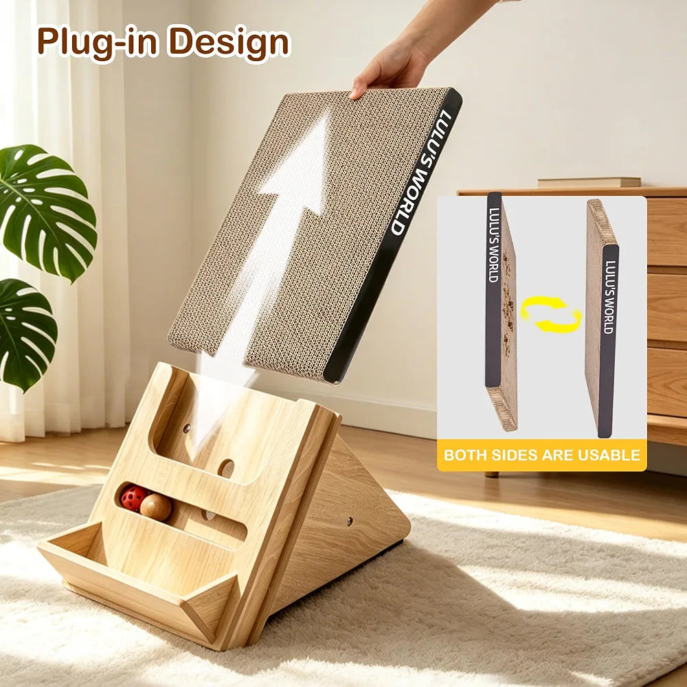Lulu's World Cardboard Cat Scratcher with Wooden Stand, Freestanding Vertical Cat Scratching Board with Replaceable Double-Sided Scratch Pad, Ball Toy and Debris Tray for Indoor Cats,Long-termism