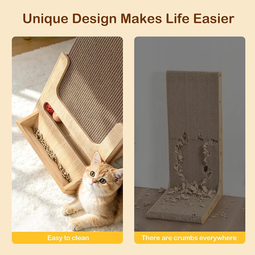 Lulu's World Cardboard Cat Scratcher with Wooden Stand, Freestanding Vertical Cat Scratching Board with Replaceable Double-Sided Scratch Pad, Ball Toy and Debris Tray for Indoor Cats,Long-termism