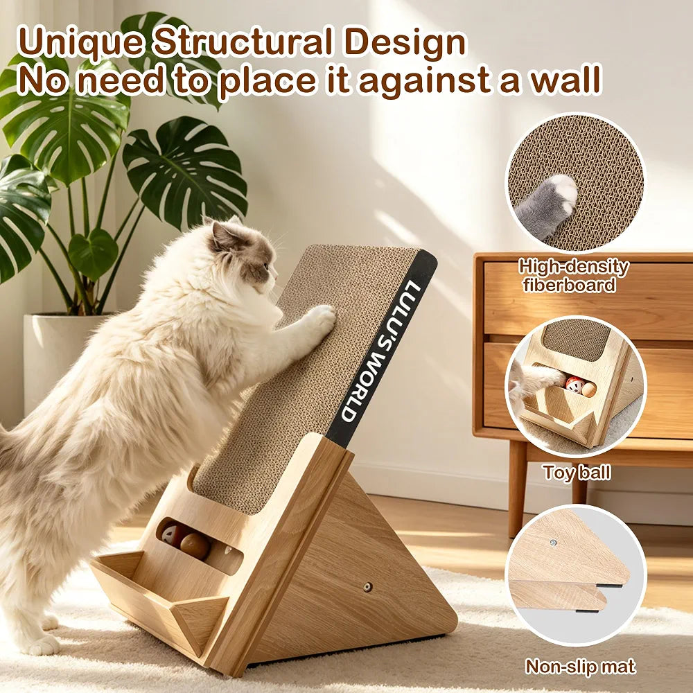 Lulu's World Cardboard Cat Scratcher with Wooden Stand, Freestanding Vertical Cat Scratching Board with Replaceable Double-Sided Scratch Pad, Ball Toy and Debris Tray for Indoor Cats,Long-termism