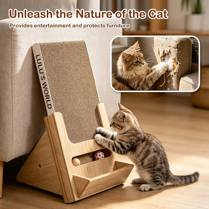 Lulu's World Cardboard Cat Scratcher with Wooden Stand, Freestanding Vertical Cat Scratching Board with Replaceable Double-Sided Scratch Pad, Ball Toy and Debris Tray for Indoor Cats,Long-termism