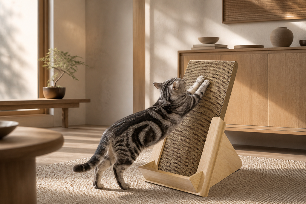 Cat stretching across the corrugated Basic Incline Cat Scratcher