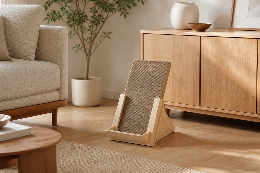 Basic Incline Cat Scratcher placed in a warm modern living room