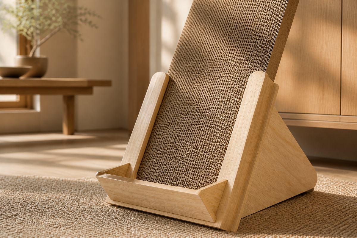Close view of the wood frame and replaceable corrugated cardboard scratching panel