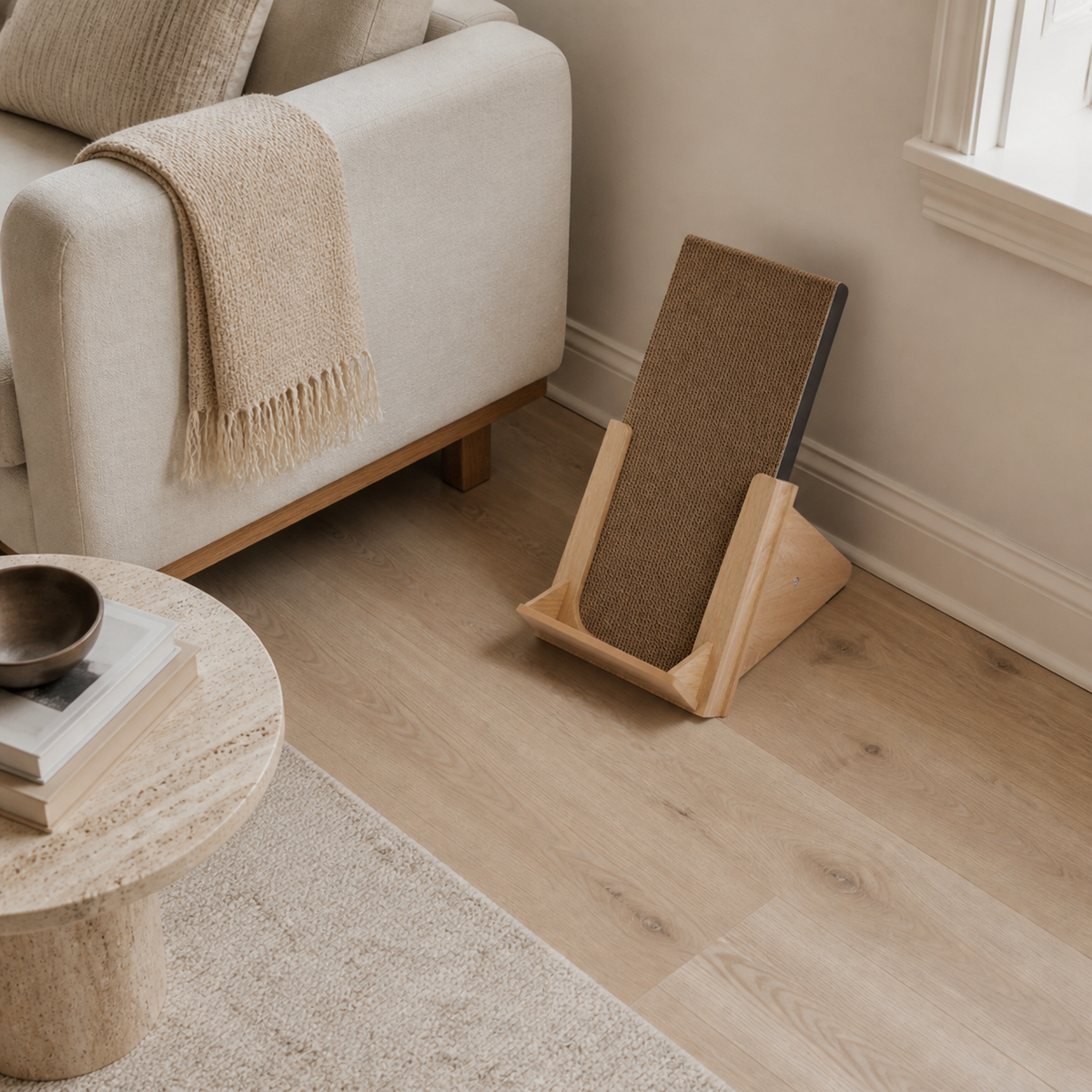 High three-quarter room view showing the compact footprint of the Basic Incline Cat Scratcher