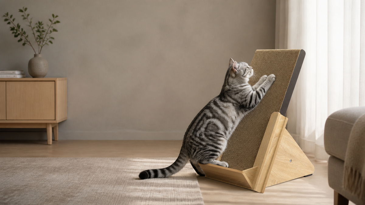 Silver tabby cat using the Basic Incline Cat Scratcher in a quiet living room