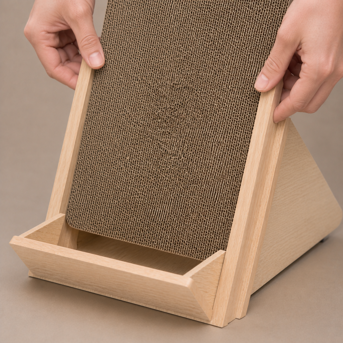 Hands lifting a worn corrugated insert from the Basic Incline Cat Scratcher frame