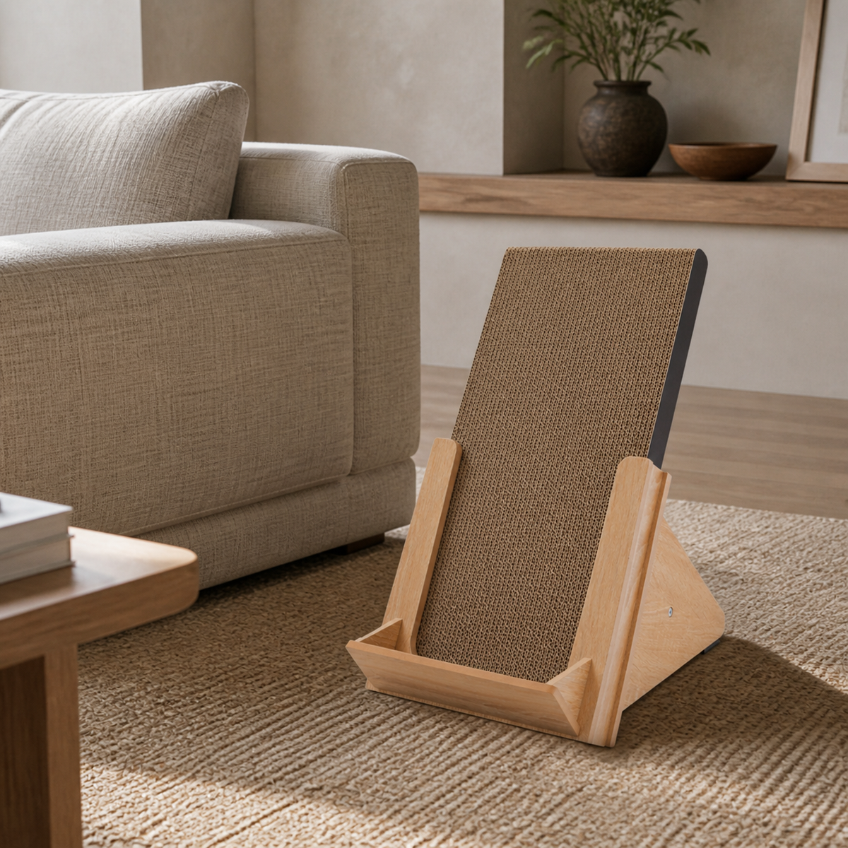 Basic Incline Cat Scratcher beside a sofa in a warm shared living room